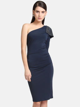 Kazo - Navy Blue Embellished Shoulder Dress