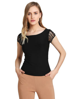 Kazo - Black Embellished Sleeve Square Neck Top