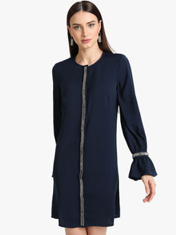 Kazo - Navy Blue Embellished Placket Shirt Dress