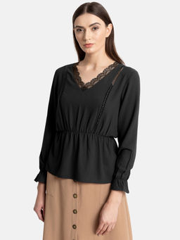 Kazo - Black Lace Insert V Neck Top