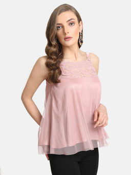 Kazo - Blush Pink Lace Yoke Mesh Top