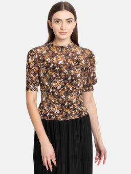 Kazo - Brown Band Neck Floralstretch Lace Top