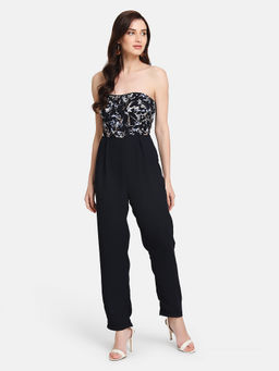 Kazo - Navy Blue Printed Stretch Lace Jumpsuit
