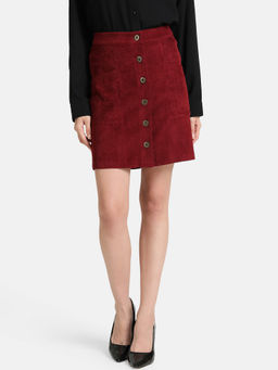 Kazo - Maroon A-Line Skirt With Button Detailing