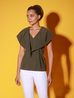 Echke - Olive Green V-neck Top With Frills