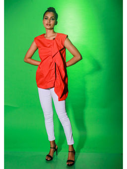 Echke - Coral Top With Off Center Zipper Placket And Frill