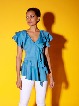 Echke - Slate Blue Peplum Top With Ruffles And Black Zipper At The Back