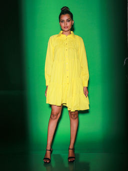 Echke - Yellow Short Tiered Dress With Collar And 3/4 Sleeves