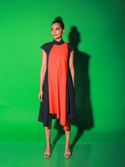Echke - Blue And Orange Long Asymmetric Dress With Chinese Collar And Zipper At Back