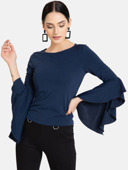 Kazo - Navy Blue Flared Sleeves Top