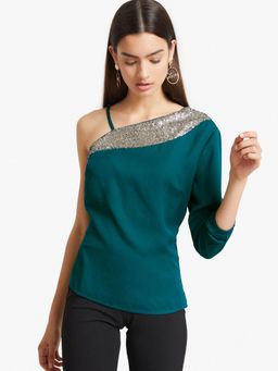 Kazo - Evergreen Sequinned One-Shoulder Solid Top