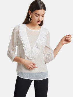 Kazo - White Detailed Neckline Dobby Top