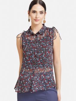 Kazo - Black Floral Print Ditsy Floral Printed Chiffon Shirt