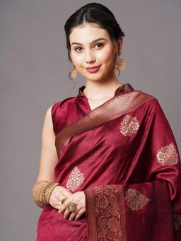 Akhilam - Wine Festive Silk Blend Woven Design Saree with Unstitched Blouse with Unstitched