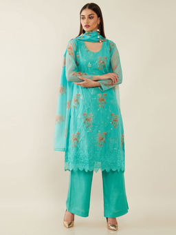 Soch - Teal Machine Embroidery Organza Unstitched Dress Material - 3 Meter Kurta Fabric