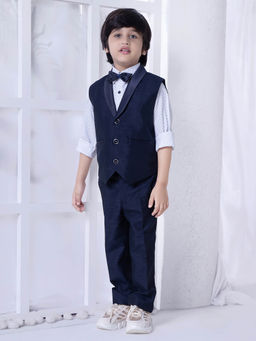 Mini Stitch - Navy Blue Waistcoat Jacket with Bow for Boys (Set of 4)