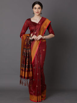 Akhilam - Maroon Festive Cotton Silk Solid Saree with Unstitched Blouse