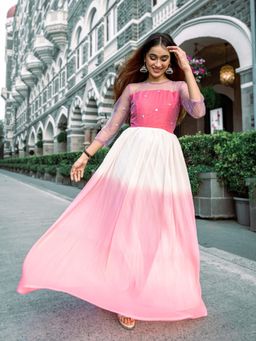 Vinya - Ombre Pink & White Georgette Pleated Dress