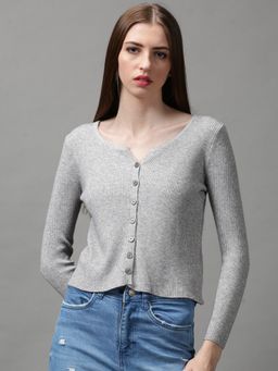 SHOWOFF - Women's Long Sleeves V-neck Grey Melange Solid Sweater Vest