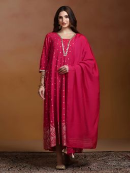 Shree - Women Pink Viscose Blend Three Fourth Sleeves Dress with Dupatta