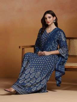 Shree - Women Indigo Liva Three Fourth Sleeves Dress with Dupatta