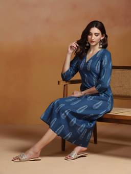 Shree - Women Blue Cambric Three Fourth Sleeves Dress