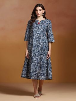 Shree - Women Indigo Cambric Three Fourth Sleeves Dress