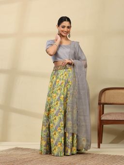 Garden VARELI - Women Grey Cotton Half Sleeves Lehenga with Choli and Dupatta
