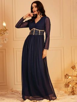 INDO STREET - Women Navy Blue Polyester Full Sleeves Dress