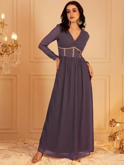INDO STREET - Women Lavender Polyester Full Sleeves Dress