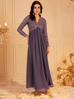 INDO STREET - Women Lavender Polyester Full Sleeves Dress