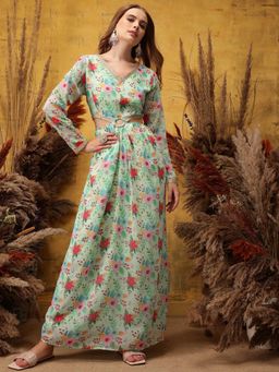 INDO STREET - Women Turquoise Georgette Full Sleeves Dress