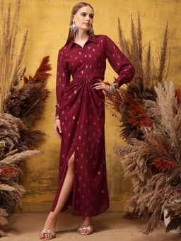 INDO STREET - Women Burgundy Georgette Full Sleeves Dress