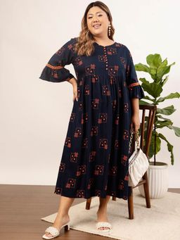 INDO STREET - Women Navy Blue Viscose Three Fourth Sleeves Dress