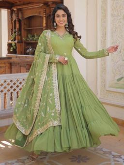 Odette - Women Olive Georgette Full Sleeves Gown with Dupatta