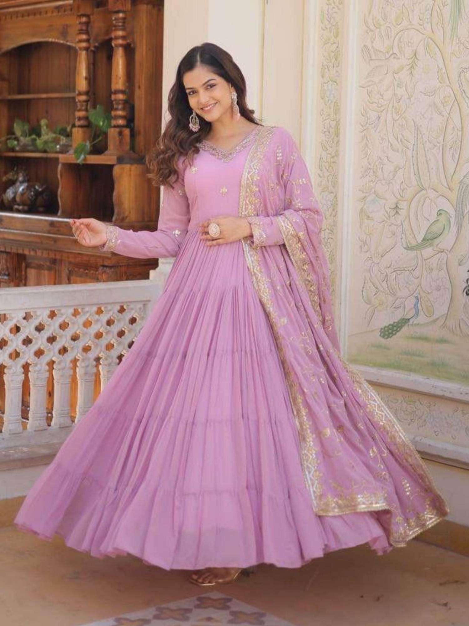 odette Women Lavender Georgette Full Sleeves Gown with Dupatta-picture-12