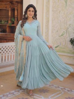 Odette - Women Blue Georgette Full Sleeves Gown with Dupatta