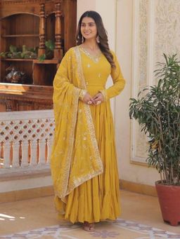 Odette - Women Yellow Georgette Full Sleeves Gown with Dupatta