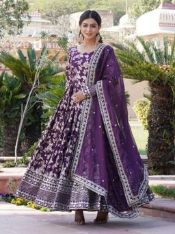 Odette - Women Purple Viscose Full Sleeves Gown with Dupatta