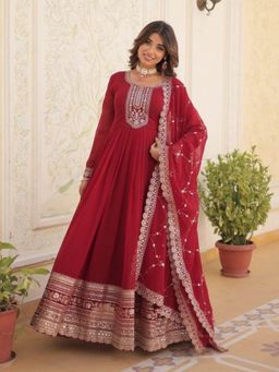 Odette - Women Maroon Georgette Full Sleeves Gown with Dupatta