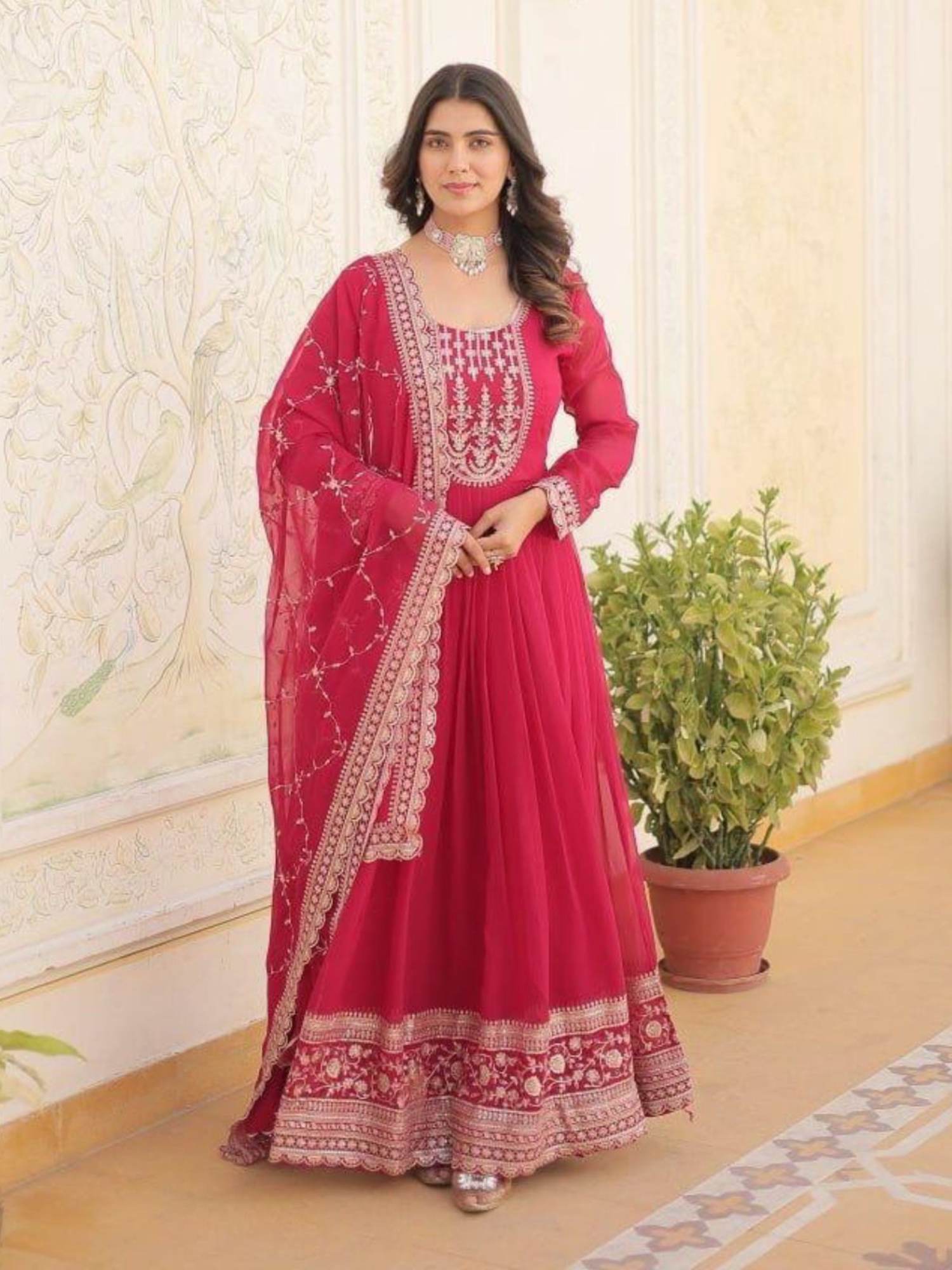 odette Women Pink Georgette Full Sleeves Gown with Dupatta-picture-20