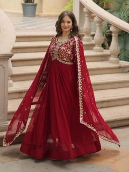 Odette - Women Maroon Georgette Full Sleeves Gown with Dupatta