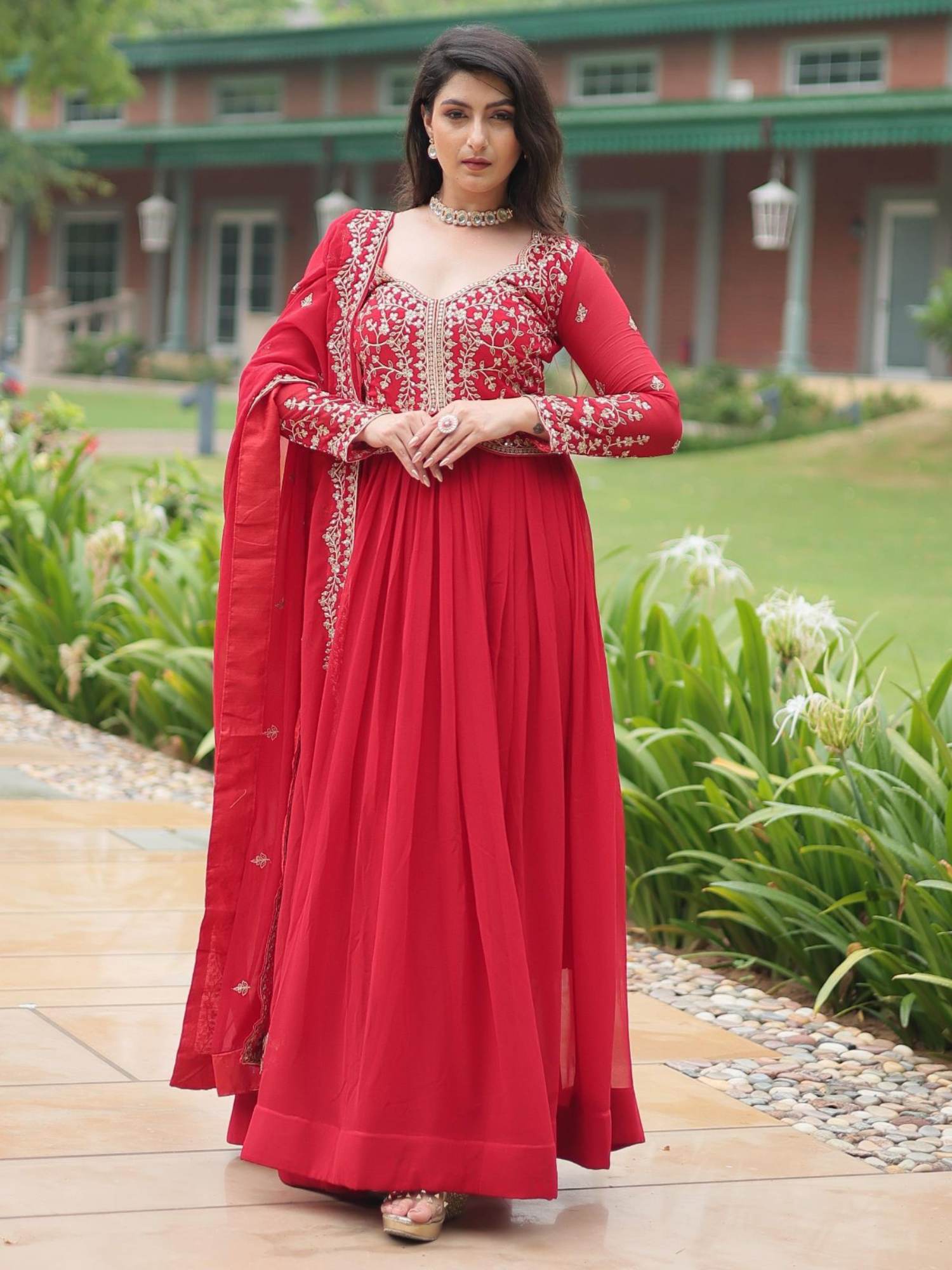 odette Women Red Georgette Full Sleeves Gown with Dupatta-picture-21