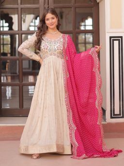 Odette - Women Cream Georgette Full Sleeves Gown with Dupatta