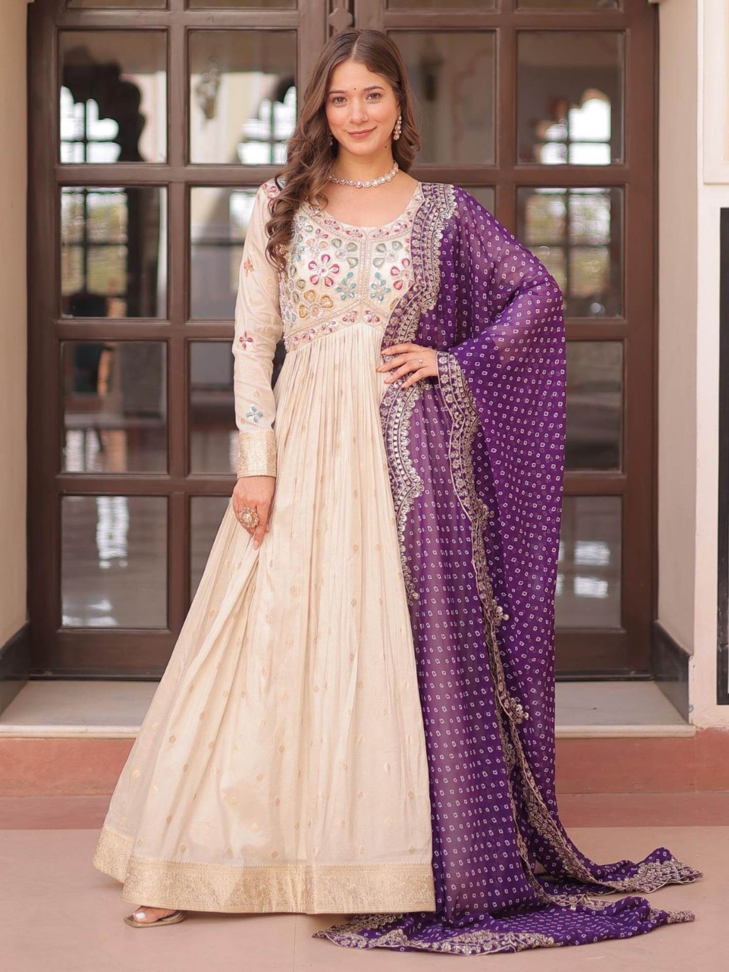 odette Women Cream Georgette Full Sleeves Gown with Dupatta-picture-23