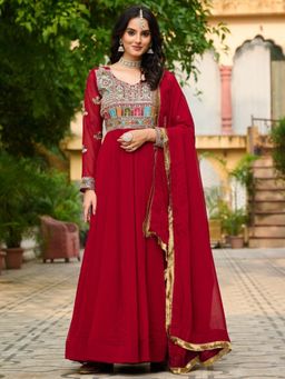 Odette - Women Maroon Georgette Full Sleeves Gown with Dupatta