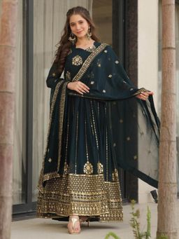 Odette - Women Teal Georgette Full Sleeves Gown with Dupatta