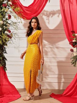 INDO STREET - Women Mustard Polyester Sleeveless Lehenga with Choli and Dupatta