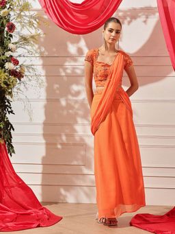 INDO STREET - Women Orange Polyester Half Sleeves Lehenga with Choli and Dupatta
