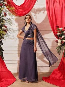 INDO STREET - Women Lavender Polyester Half Sleeves Lehenga with Choli and Dupatta